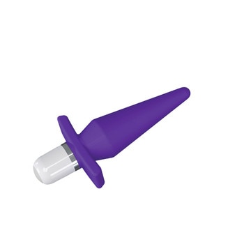 An image of the Rio Anal Vibe - a purple elongated diamond plug with a flared hilt and white plastic handle.