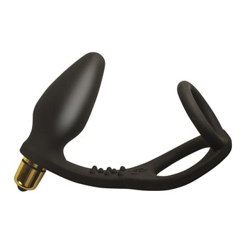 An image of the Ro-Zen 7 speed black silicone dual cockring and anal plug with insertable bullet vibe.