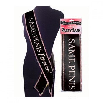 Front View of a mannequin wearing the Same Penis Forever Sash next to the Sash in packaging on a white background