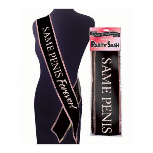 Front View of a mannequin wearing the Same Penis Forever Sash next to the Sash in packaging on a white background