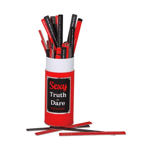 An image of a red, black and white tube containing numerous thin red and black cardboard sticks with white writing on them.