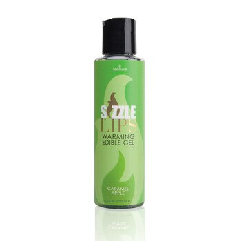A tall thin 4.2 ox bottle of sliquid sizzle lips warming edible gel in caramel apple. The label is green.