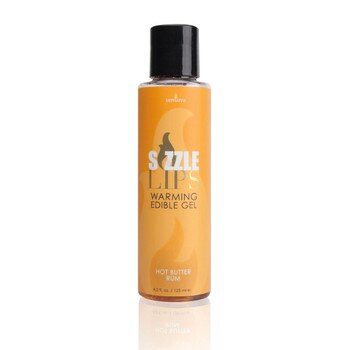 A tall thin 4.2 ox bottle of sliquid sizzle lips warming edible gel in hot butter rum. The label is orange.