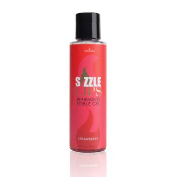 A tall thin 4.2 ox bottle of sliquid sizzle lips warming edible gel in strawberry. The label is red.