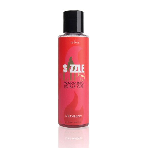 A tall thin 4.2 ox bottle of sliquid sizzle lips warming edible gel in strawberry. The label is red.
