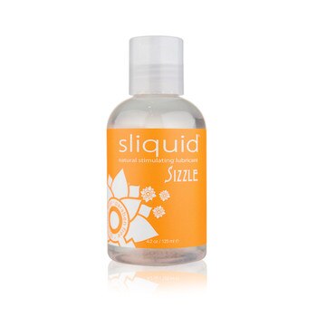 A clear 4.2 fluid ounce bottle of Sliquid Sizzle warming intimate lubricant. The bottle has a clear cap and orange label.