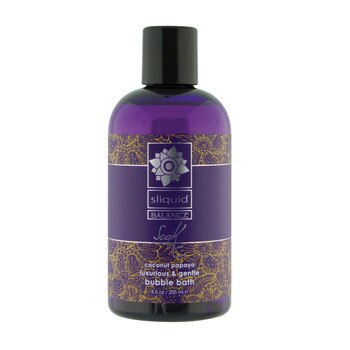 An image of a purple 8.5oz bottle of Sliquid Balance Soak bubble bath with a black cap on a white background. The fragrance is coconut papaya.