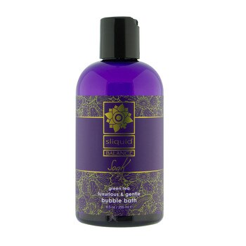 An image of a purple 8.5oz bottle of Sliquid Balance Soak bubble bath with a black cap on a white background. The fragrance is green tea.