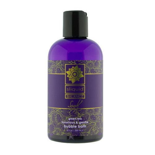 An image of a purple 8.5oz bottle of Sliquid Balance Soak bubble bath with a black cap on a white background. The fragrance is green tea.