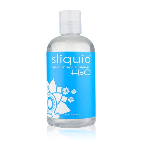 A clear 8.5 fluid ounce bottle of Sliquid H2O water-based intimate lubricant. The bottle has a clear cap and blue label.