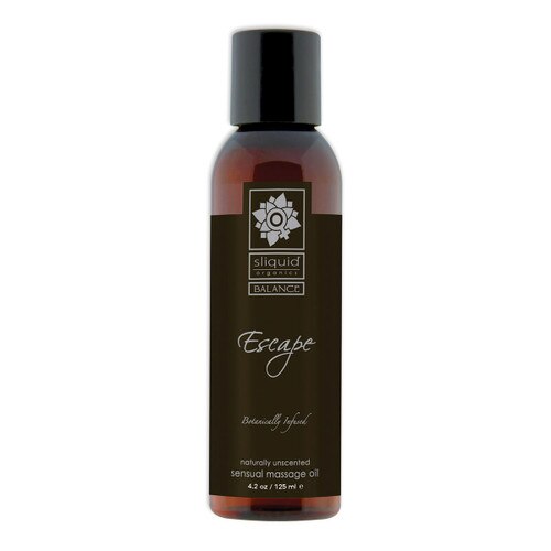 A brown 4.2 fluid ounce bottle of Escape massage oil by sliquid in unscented. The bottle has a black label.