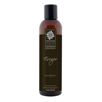 A tall brown 8.5 fluid ounce bottle of Escape massage oil by sliquid in unscented. The bottle has a black label.