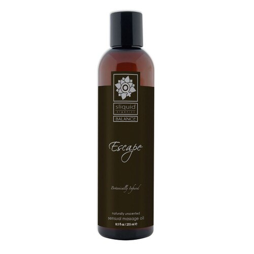 A tall brown 8.5 fluid ounce bottle of Escape massage oil by sliquid in unscented. The bottle has a black label.