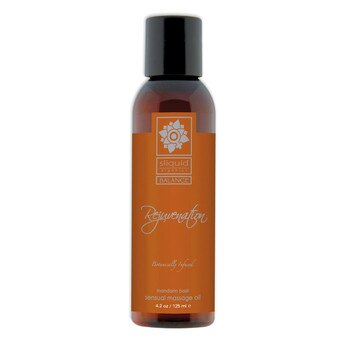 A brown 4.2 fluid ounce bottle of Rejuvenation massage oil by sliquid in mandarin basil. The bottle has a dark orange label.