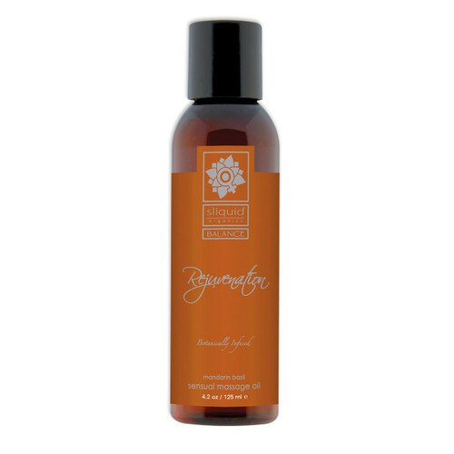 A brown 4.2 fluid ounce bottle of Rejuvenation massage oil by sliquid in mandarin basil. The bottle has a dark orange label.