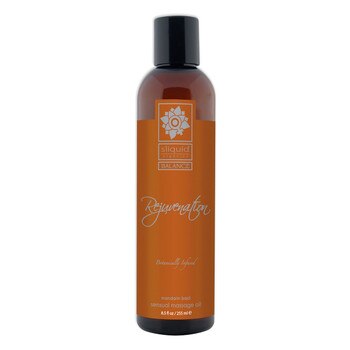 A tall brown 8.5 fluid ounce bottle of Rejuvenation massage oil by sliquid in mandarin basil. The bottle has a dark orange label.