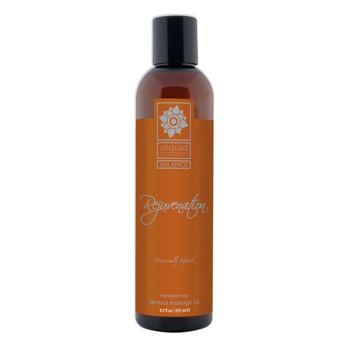 A tall brown 8.5 fluid ounce bottle of Rejuvenation massage oil by sliquid in mandarin basil. The bottle has a dark orange label.