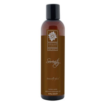A tall brown 8.5 fluid ounce bottle of Serenity massage oil by sliquid in tahitian vanilla. The bottle has a brown label.