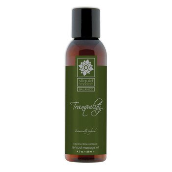 A brown 4.2 fluid ounce bottle of Tranquility massage oil by sliquid in coconut lime verbena. The bottle has a dark green label.