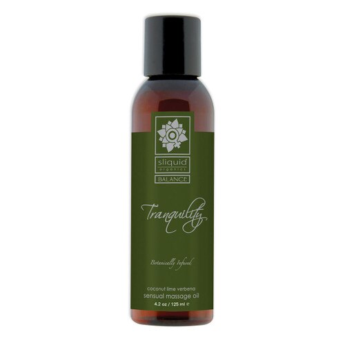 A brown 4.2 fluid ounce bottle of Tranquility massage oil by sliquid in coconut lime verbena. The bottle has a dark green label.