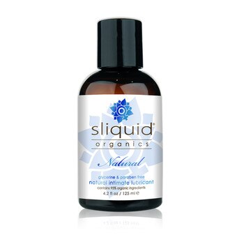 A dark brown 4.2 fluid ounce bottle of Sliquid Organics stimulating intimate lubricant on a white background.