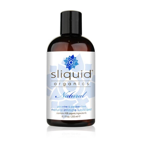 A dark brown 8.5 fluid ounce bottle of Sliquid Organics natural intimate lubricant on a white background.
