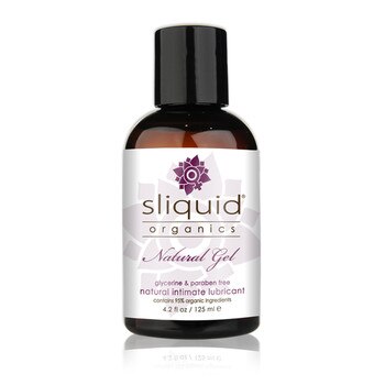 A dark brown 4.2 fluid ounce bottle of Sliquid Organics natural intimate gel lubricant on a white background.