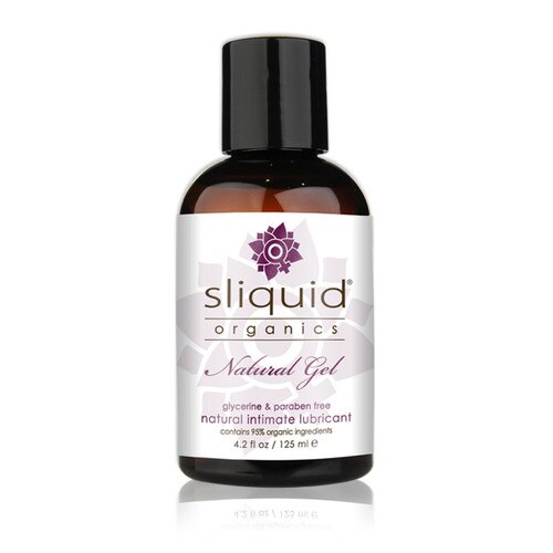 A dark brown 4.2 fluid ounce bottle of Sliquid Organics natural intimate gel lubricant on a white background.