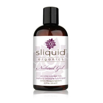 A dark brown 8.5 fluid ounce bottle of Sliquid Organics natural intimate gel lubricant on a white background.