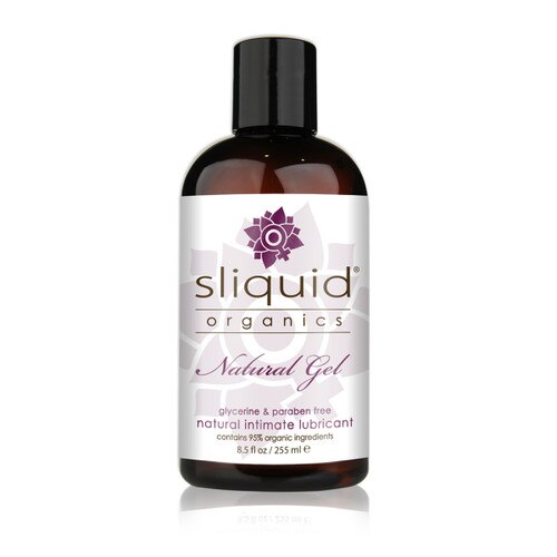A dark brown 8.5 fluid ounce bottle of Sliquid Organics natural intimate gel lubricant on a white background.