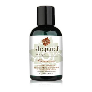 A dark teal 4.2 fluid ounce bottle of Sliquid Organics oceanics intimate lubricant with natural seaweed extracts on a white background.