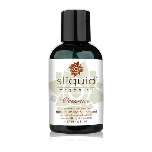 A dark teal 4.2 fluid ounce bottle of Sliquid Organics oceanics intimate lubricant with natural seaweed extracts on a white background.