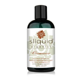 A dark teal 8.5 fluid ounce bottle of Sliquid Organics oceanics intimate lubricant with natural seaweed extracts on a white background.