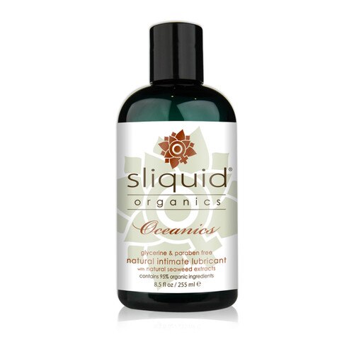 A dark teal 8.5 fluid ounce bottle of Sliquid Organics oceanics intimate lubricant with natural seaweed extracts on a white background.