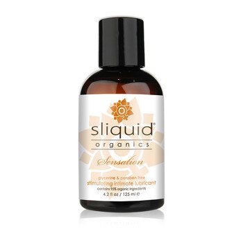 A dark brown 4.2 fluid ounce bottle of Sliquid Organics stimulating intimate lubricant on a white background.