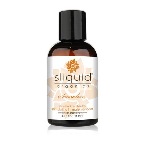 A dark brown 4.2 fluid ounce bottle of Sliquid Organics stimulating intimate lubricant on a white background.
