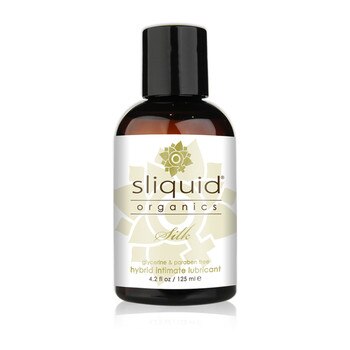 A dark brown 4.2 fluid ounce bottle of Sliquid Organics silk hybrid intimate lubricant on a white background.