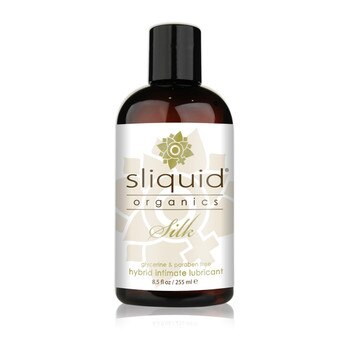 A dark brown 8.5 fluid ounce bottle of Sliquid Organics silk hybrid intimate lubricant on a white background.