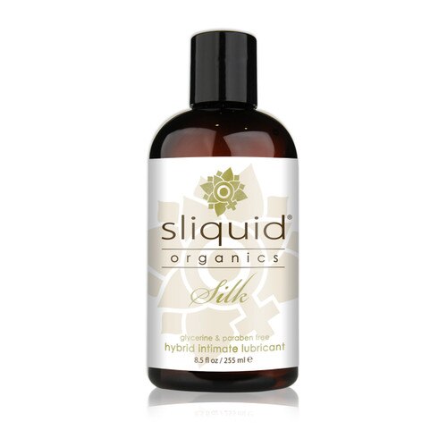 A dark brown 8.5 fluid ounce bottle of Sliquid Organics silk hybrid intimate lubricant on a white background.