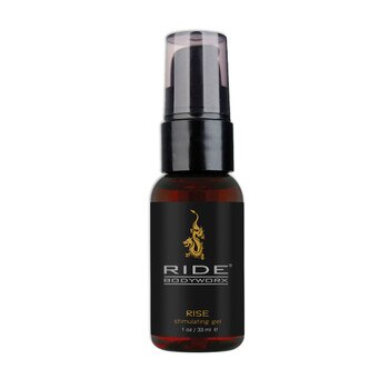 A small pump-cap bottle of Ride Bodyworx Rise stimulating gel. The bottle is dark brown with a black cap.