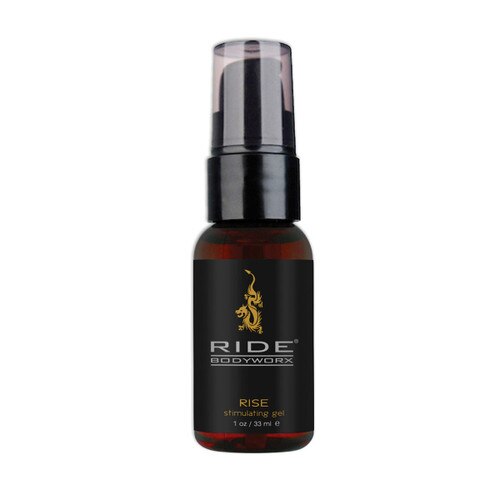 A small pump-cap bottle of Ride Bodyworx Rise stimulating gel. The bottle is dark brown with a black cap.