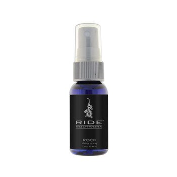 A small spray-cap bottle of Ride Bodyworx Rock Delay Spray. The bottle is dark blue with a silver cap.