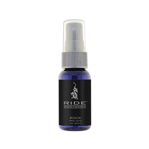 A small spray-cap bottle of Ride Bodyworx Rock Delay Spray. The bottle is dark blue with a silver cap.
