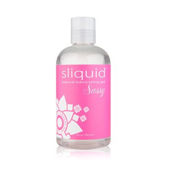 A clear 8.5 fluid ounce bottle of Sliquid Sassy intimate lubricant gel. The bottle has a clear cap and pink label.