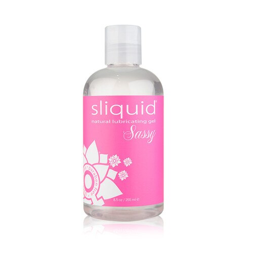 A clear 8.5 fluid ounce bottle of Sliquid Sassy intimate lubricant gel. The bottle has a clear cap and pink label.