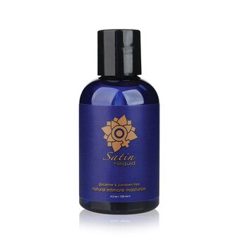 A dark blue bottle of Sliquid Satin natural intimate moisturizer. The bottle has a blue label and black cap.