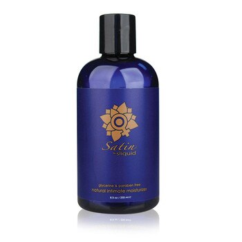 A dark blue bottle of Sliquid Satin natural intimate moisturizer. The bottle has a blue label and black cap.