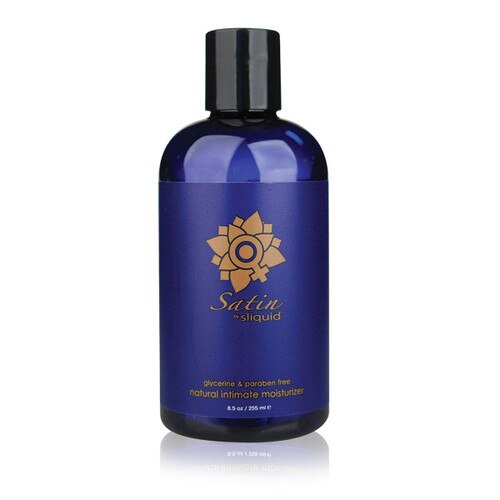 A dark blue bottle of Sliquid Satin natural intimate moisturizer. The bottle has a blue label and black cap.