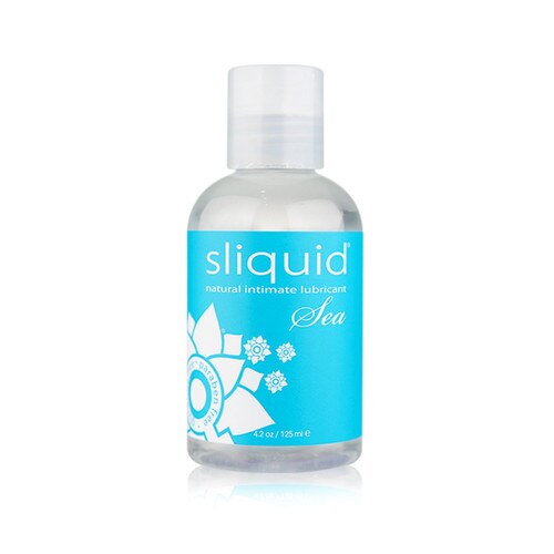 A clear 4.2 fluid ounce bottle with a clear cap of Sliquid Sea natural intimate lubricant. It has a cyan colored label.