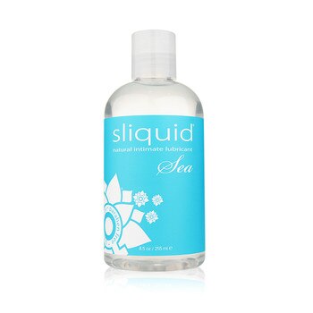 A clear 8.5 fluid ounce bottle with a clear cap of Sliquid Sea natural intimate lubricant. It has a cyan colored label.